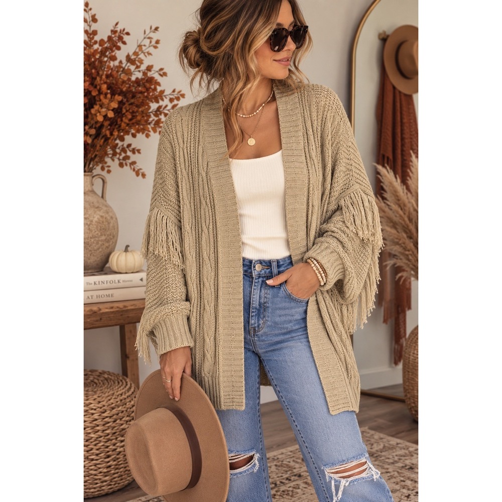 Beige Womens Cable Knit Fringe Boho Cozy Open Front V Neck Cardigan Sweater XL